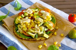 Heirloom Tomato and Hummus on a Cauliflower Crust Pizza