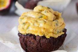 Chocolate Courgette (Zucchini) Muffins with Passionfruit Frosting
