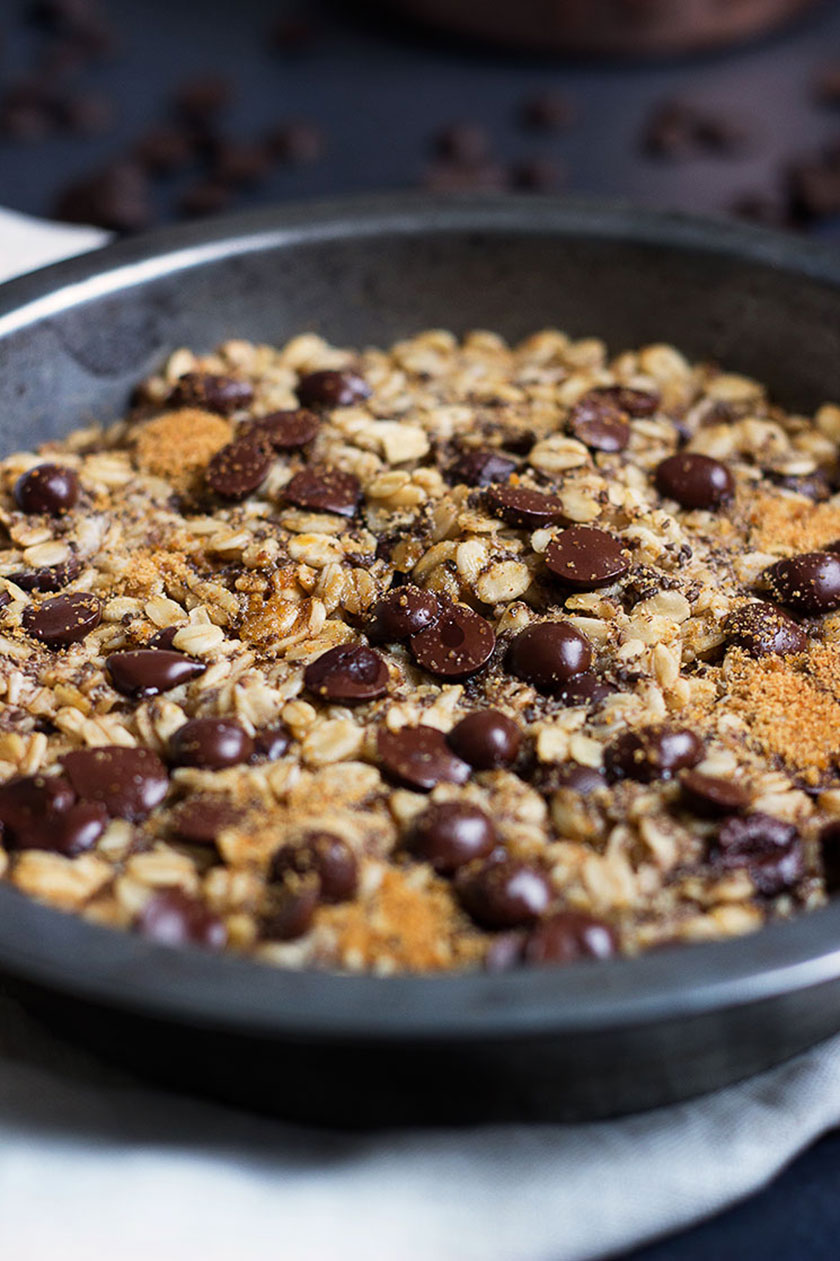 Chocolate Chip Baked Oatmeal with Salted Caramel Sauce. Vegan and incredibly delicious!!