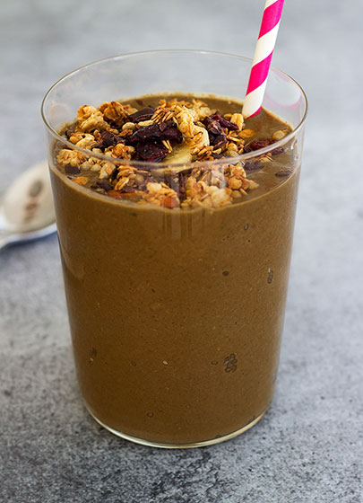 Decadent Chocolate Granola Shake - an easy way so sneak in some greens in the form of a delicious chocolate shake topped with crunchy granola!