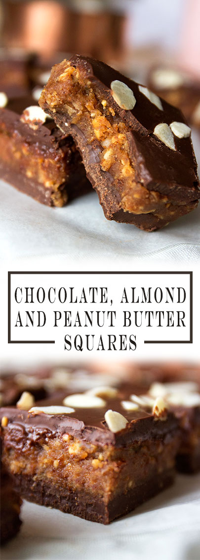 Chocolate, Almond & Peanut Butter Squares from www.sprinkleofgreen.com! Such a delicious peanut butter dessert or snack, it's like a better version of a peanut butter cup made healthier and more decadent!