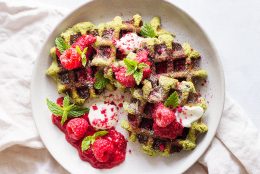 Matcha Waffles with Rasberry Coulis