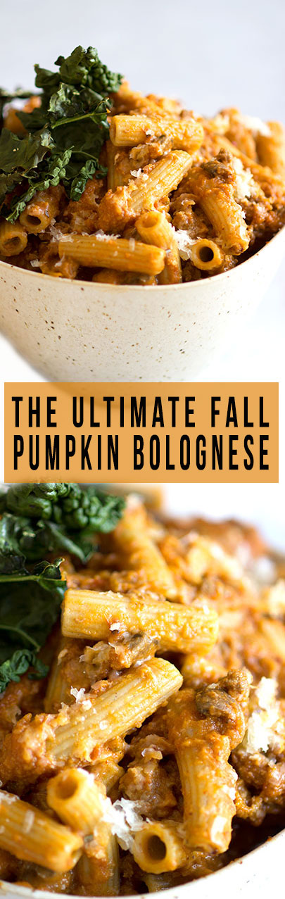 Fall Pumpkin Bolognese Pasta with Crispy Kale | made with beef, mushrooms, and pumpkin, this is a healthy and quick dinner that is not to be missed. Perfect for those fall nights to enjoy a bowl of bolognese pasta!