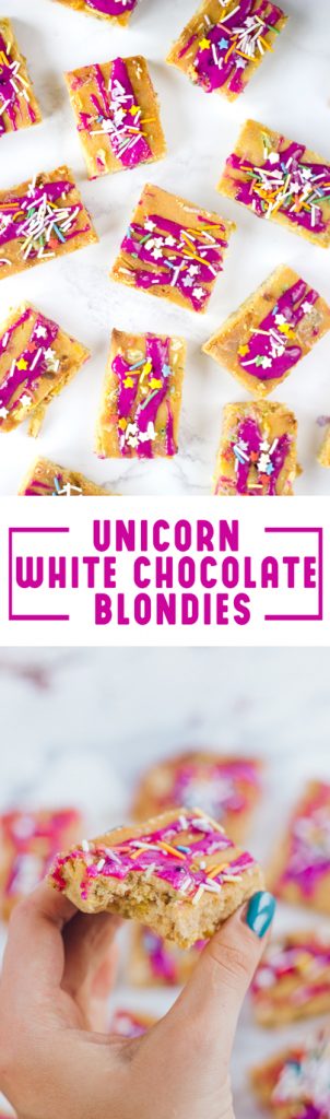  UNICORN WHITE CHOCOLATE BLONDIES - the most delicious and FUN dessert, can be made gluten free and refined sugar free! www.sprinkleofgreen.com